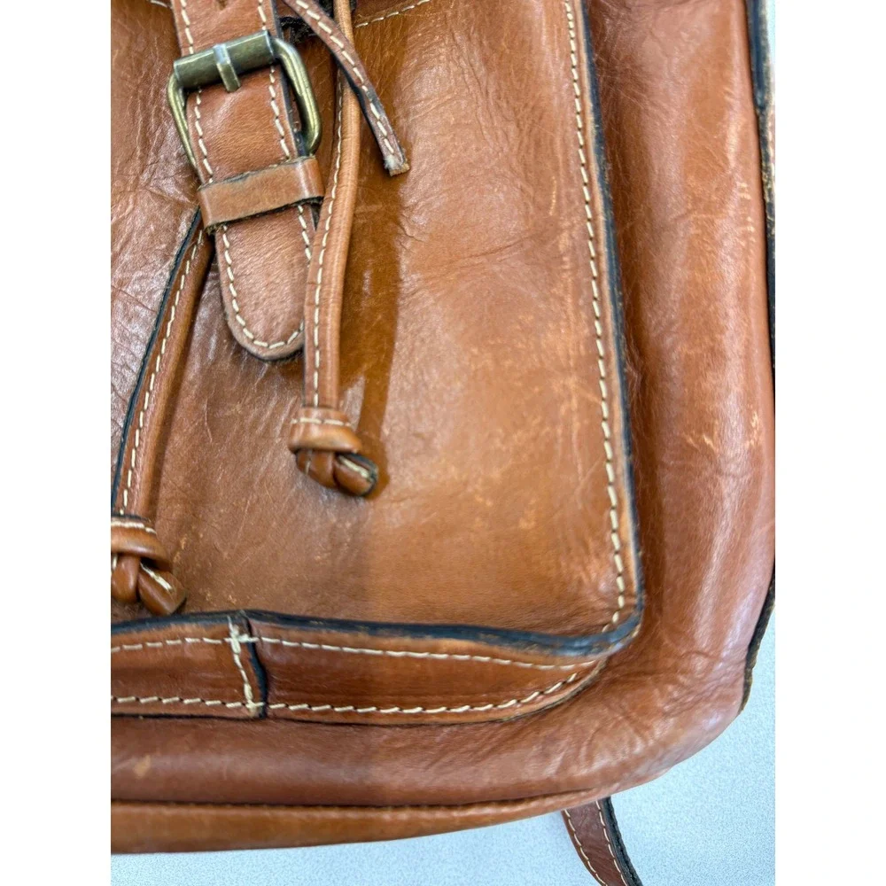 Patricia Nash Cognac Leather Mini Backpack Drawstring Buckle Brown